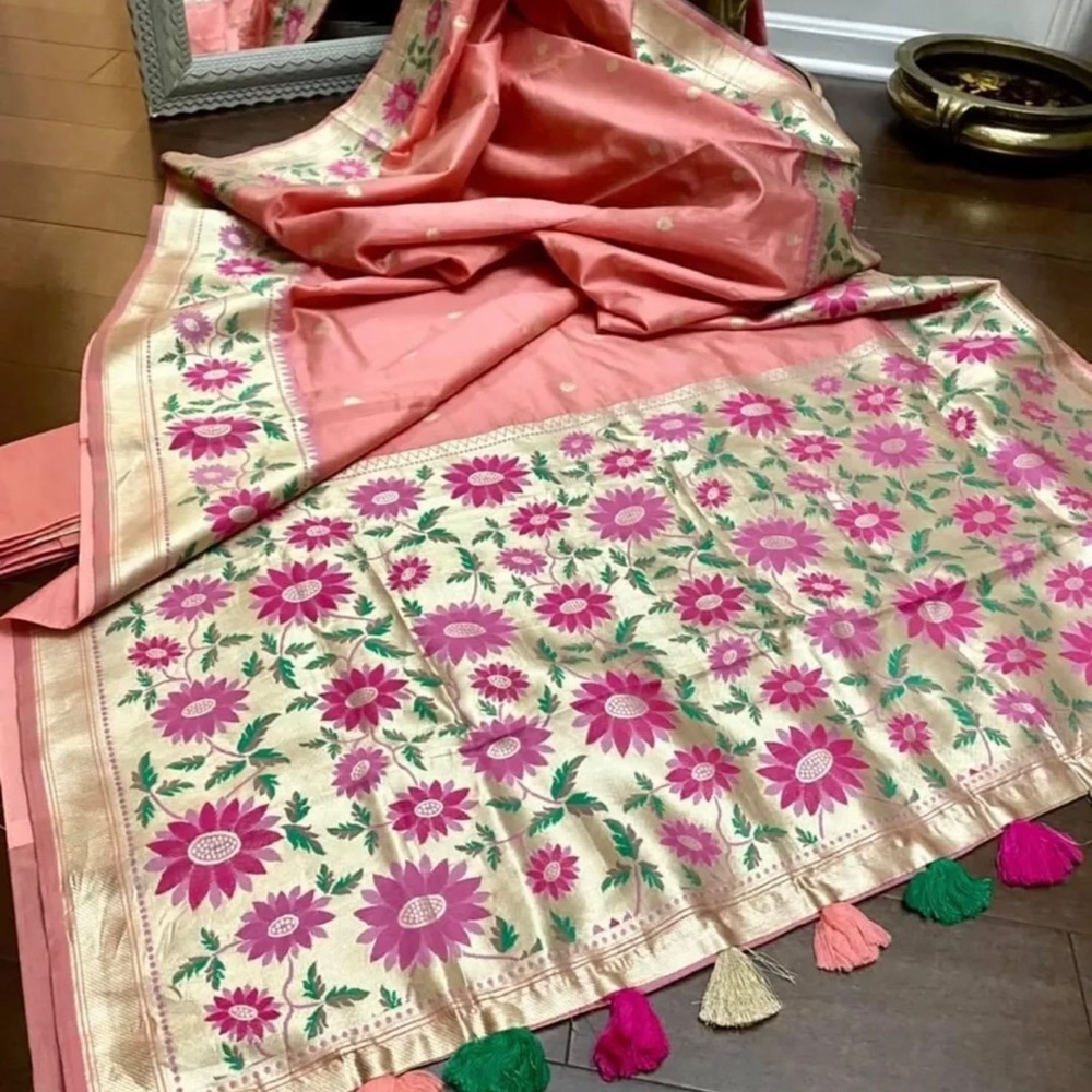 Peach handloom woven silk saree n bp